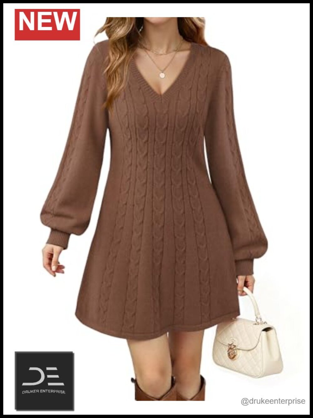 Womens V Neck Long Sleeve Cable Knit Babydoll Sweater Dress